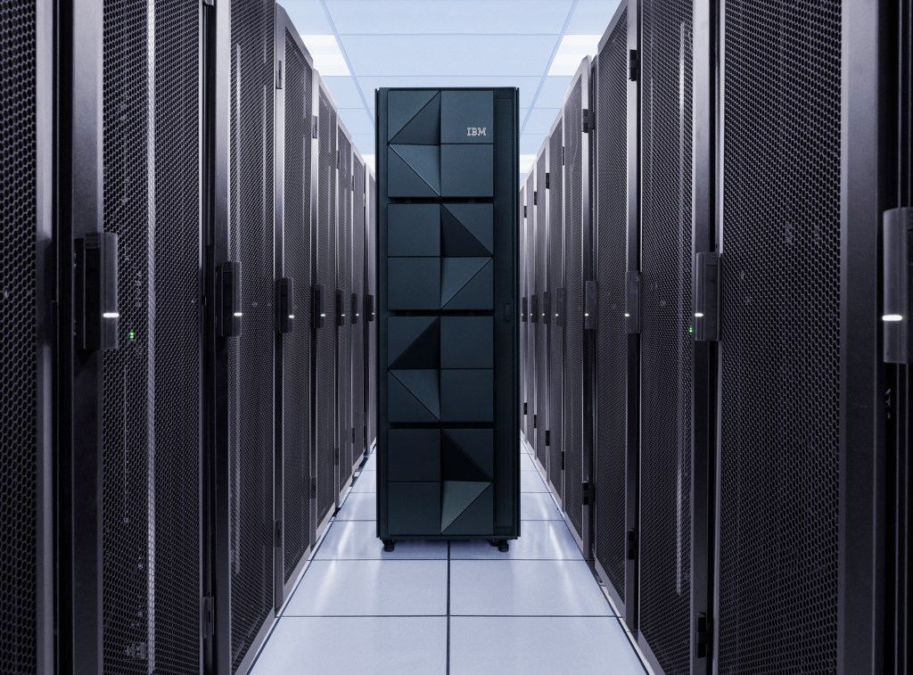 IBM z16 mainframe computer sitting in the middle of a data center.