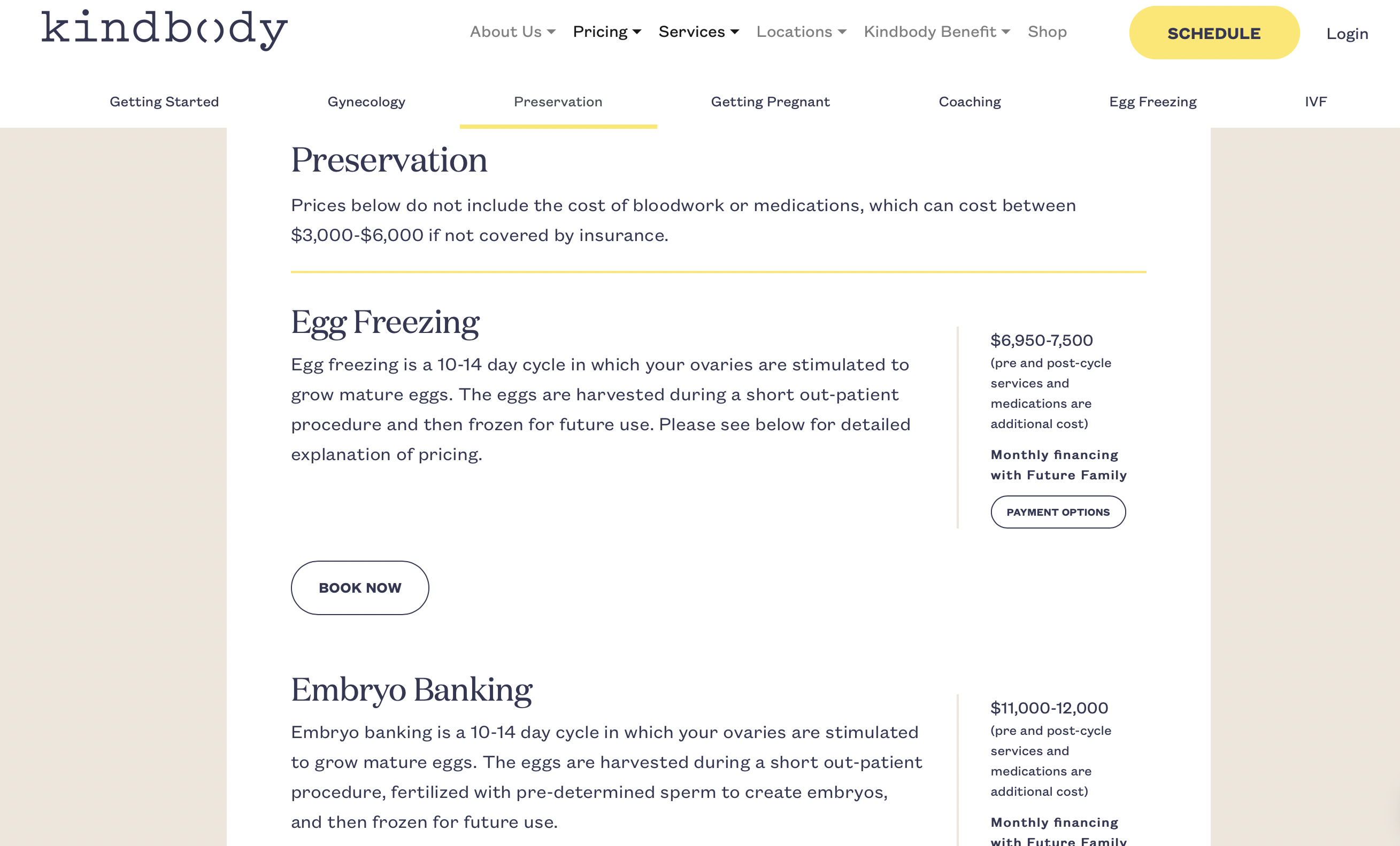 Kindbody's website clearly displays pricing for its services