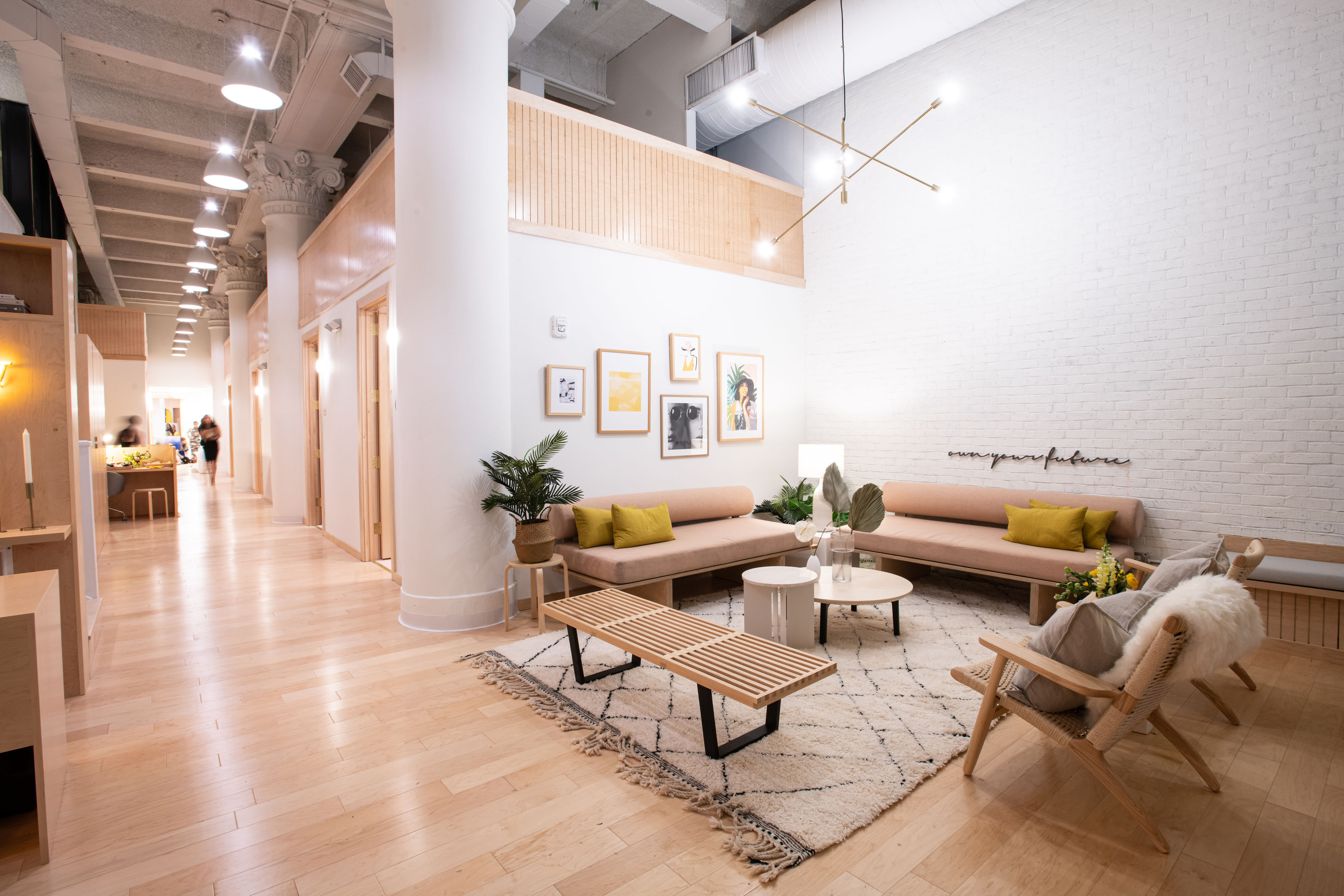 Kindbody clinics' interiors are designed to evoke a feeling of a wellness center rather than a medical facility