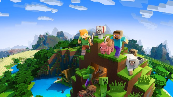 Minecraft characters in a pixelated outdoor background