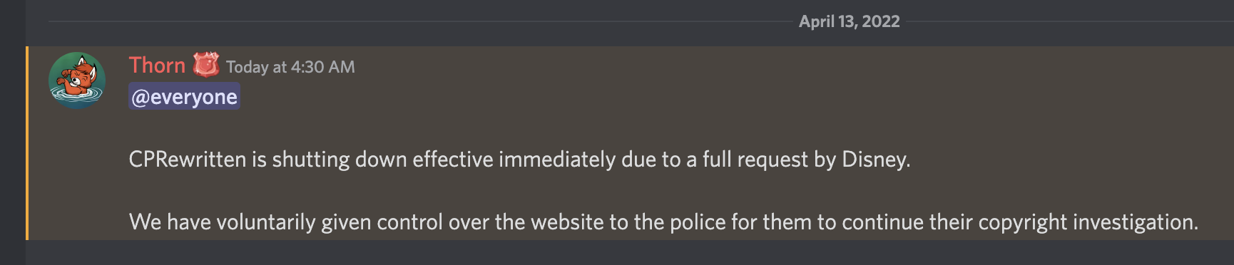A message in the Club Penguin Rewritten Discord sever