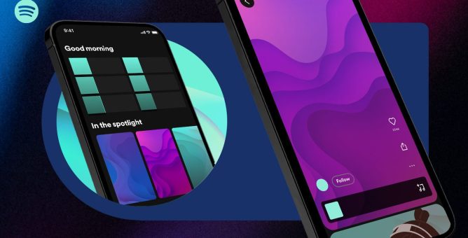 A promo image from Spotify showing a beta test of a new discovery feed