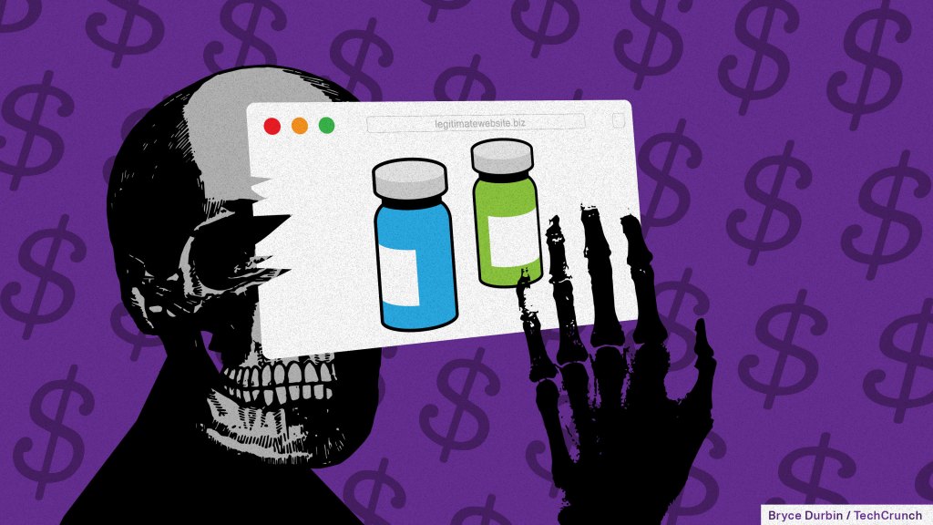 A skull is holding up bottles of pills in front of its eyes