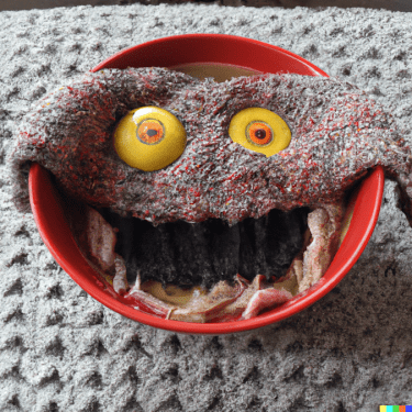 OpenAI DALL-E 2 image. Cloth with eyes stretch over bowl.