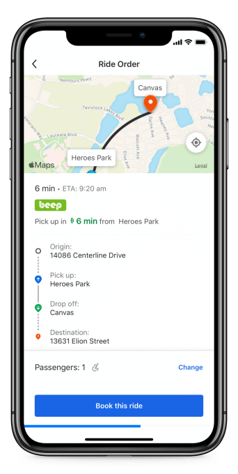 Screenshot of what it looks like on Moovit app to order Beep autonomous shuttle