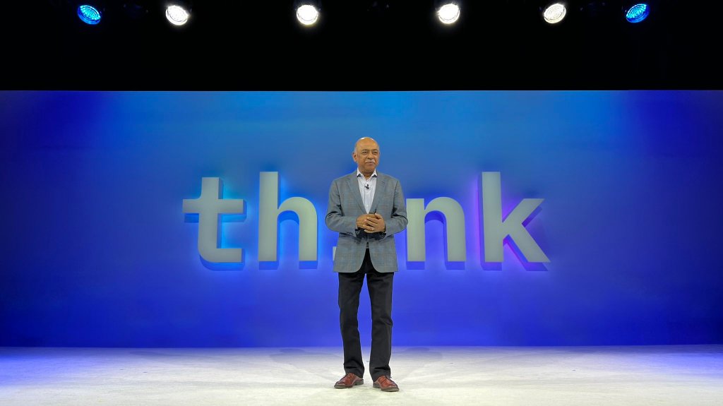 IBM CEO Arvind Krishna delivers the IBM Think keynote address in Boston on May 10, 2022.