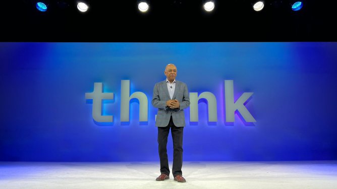 IBM CEO Arvind Krishna delivers the IBM Think keynote address in Boston on May 10, 2022.