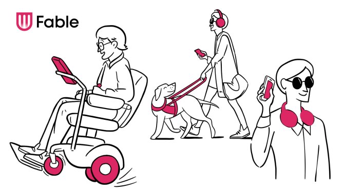 Illustrations of 3 people in a wheelchair, with a guide dog, and with sunglasses all using gadgets.