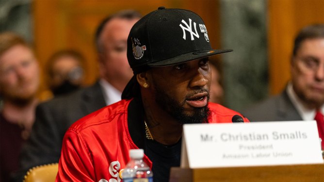 Christian Smalls, founder of the Amazon Labor Union (ALU), speaks during a Senate Budget Committee hearing in Washington, D.C., U.S., on Thursday, May 5, 2022