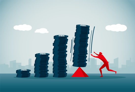 Illustration of a person trying to hold a stack of coins upright on top of a triangle.