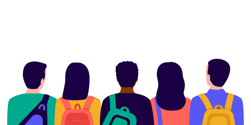 Illustration of group of students with backpacks, back view.
