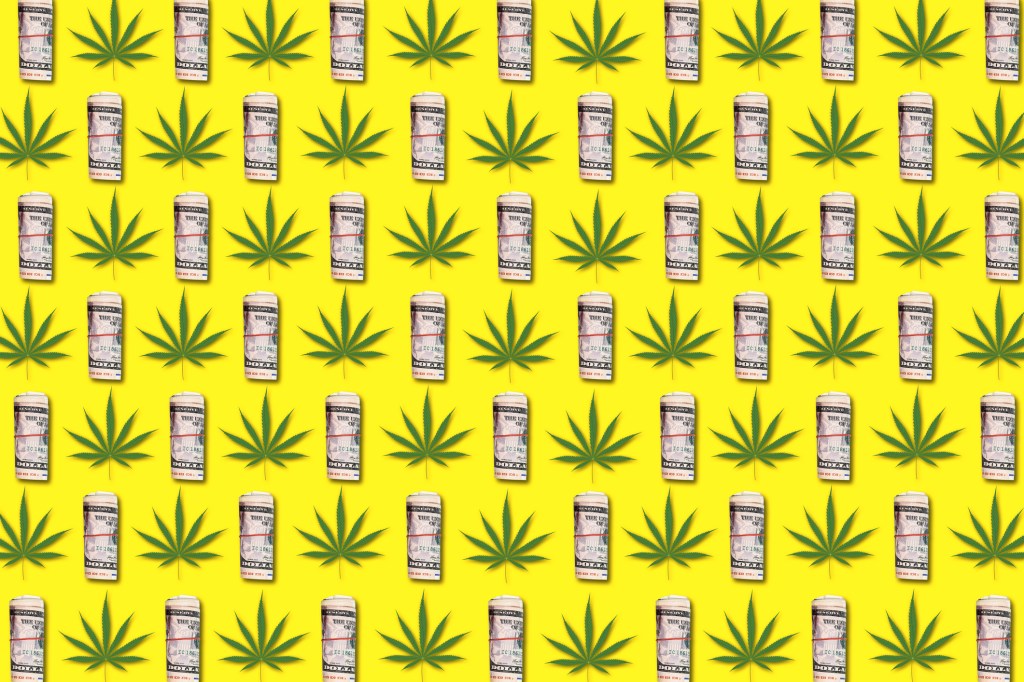 Rolls of dollar bills and abstract marijuana leaves