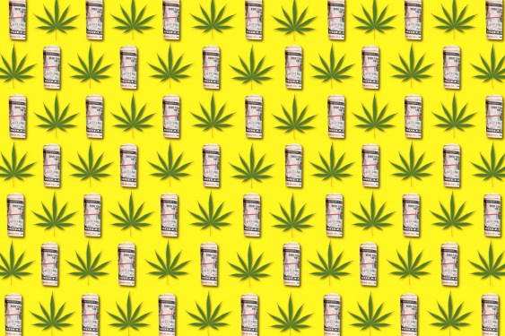Rolls of dollar bills and abstract marijuana leaves