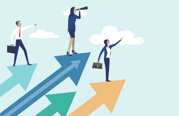 Successful businessman standing on the arrow, which pointing up as symbol of achievement, success and developing business in successful way