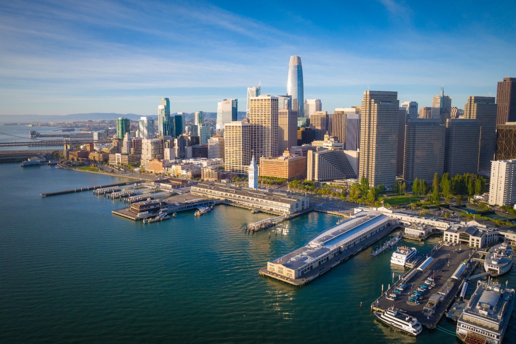 San Francisco Skyline and Ferry Building Aerial Cityscape View Over SF Bay, California, USA