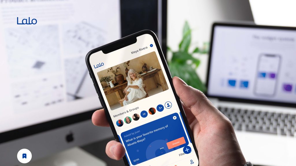 Lalo photo, showing an app interface that says "what is your favorite memory of maya?"