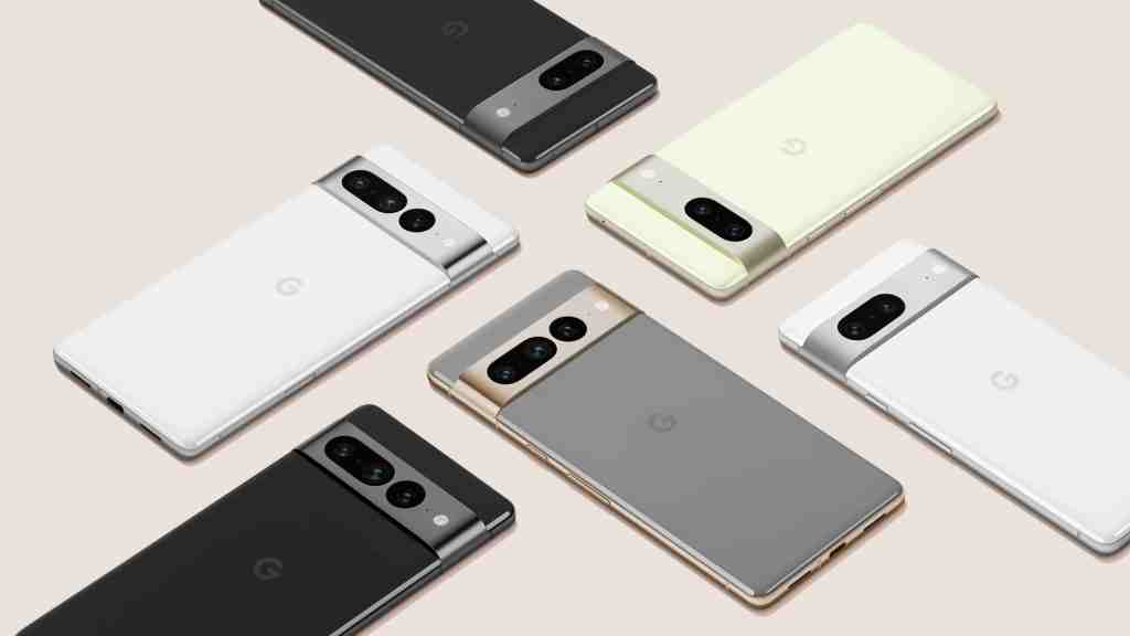 Pixel smartphones laid out on table