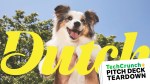 Pitch deck cover slide with a cute dog, the word DUTCH, and TechCrunch Pitch Deck Teardown overlaid