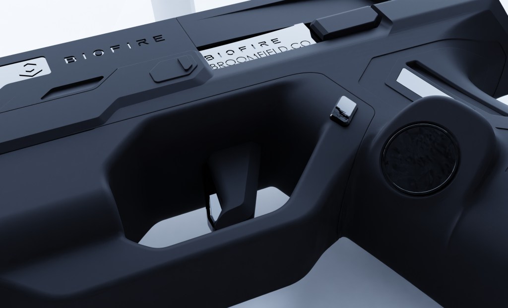 Close up of a render of a Biofire gun with visible thumbprint sensor.