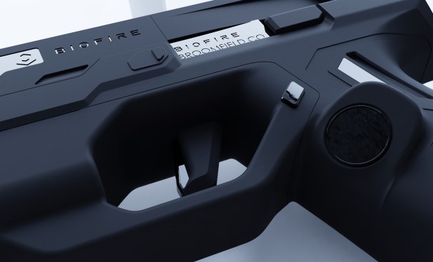Close up of a render of a Biofire gun with visible thumbprint sensor.
