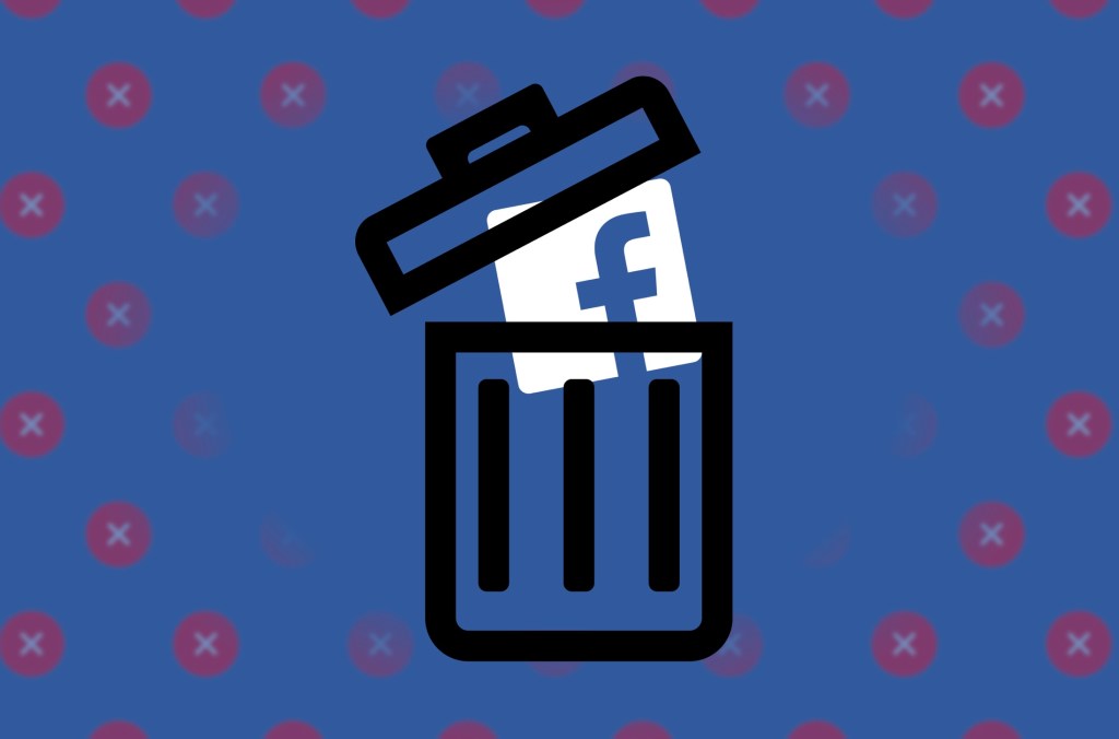 An illustration of a Facebook logo in a trash can on a blue background.
