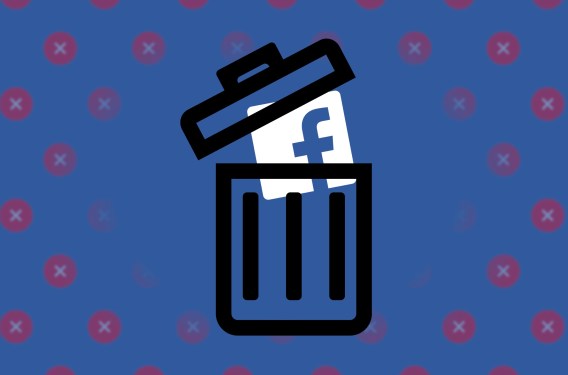 An illustration of a Facebook logo in a trash can on a blue background.