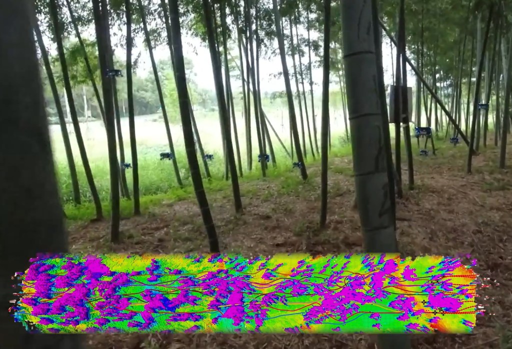 Frame from a video showing drones navigating a forest.