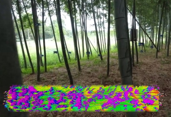 Frame from a video showing drones navigating a forest.