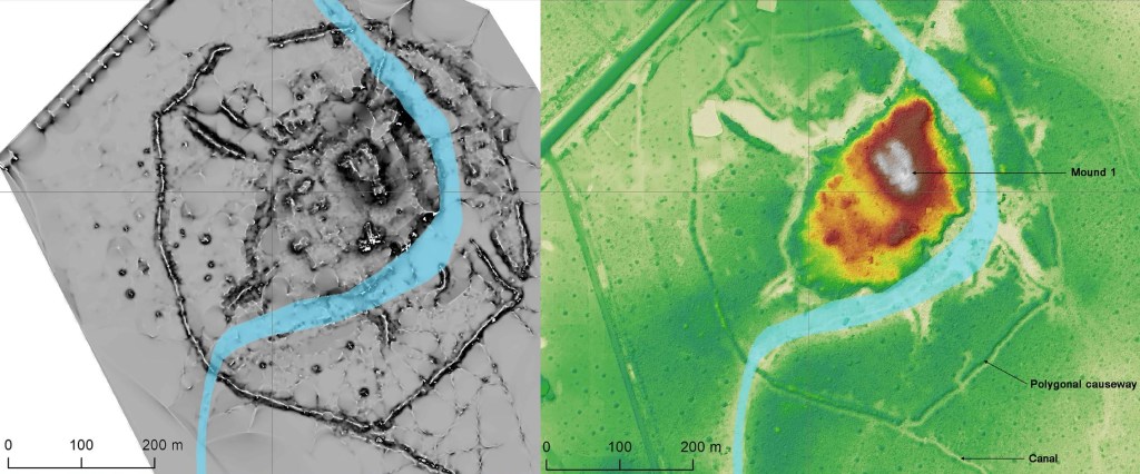 Lidar imagery of an Amazon city by a river.