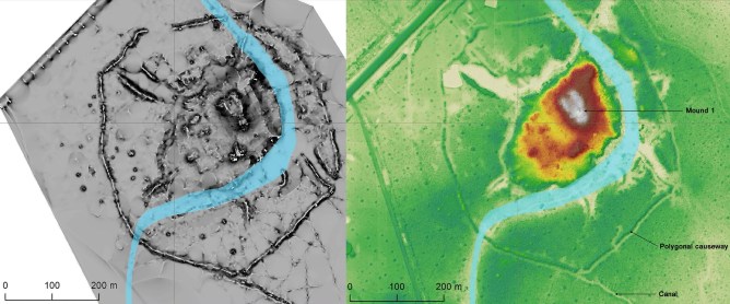 Lidar imagery of an Amazon city by a river.
