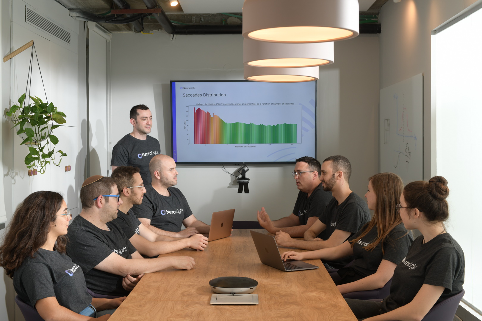 A meeting in an office showing digital readings of a person's face.