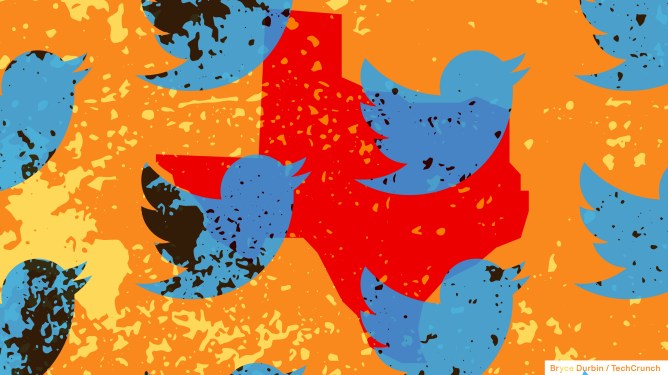 twitter logo over outline of texas