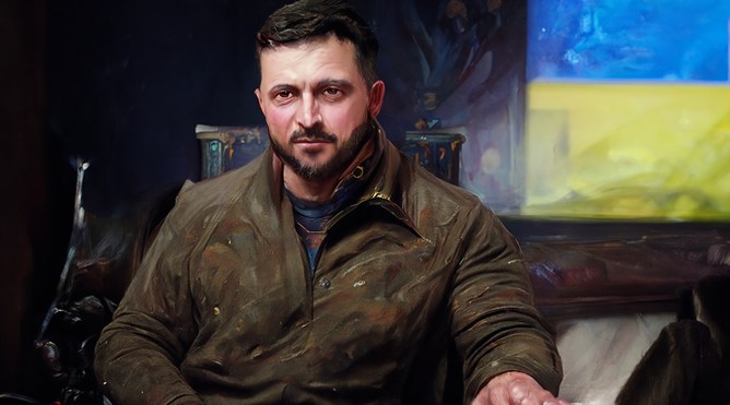 Ukraine president Volodymyr Zlenskyy depicted by AI generative art in an NFT project to raise humanitarian aid for the country