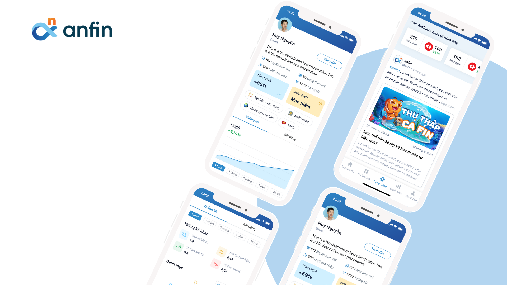 Screenshots of investment app Anfin's community features