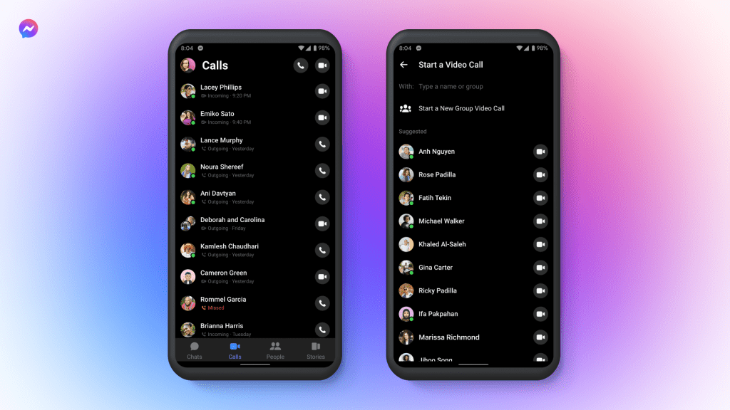 Calls tab in Messenger app