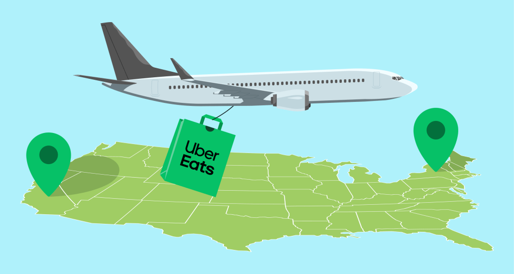 Image of plane with Uber Eats delivery bag flying over USA from west to east coast