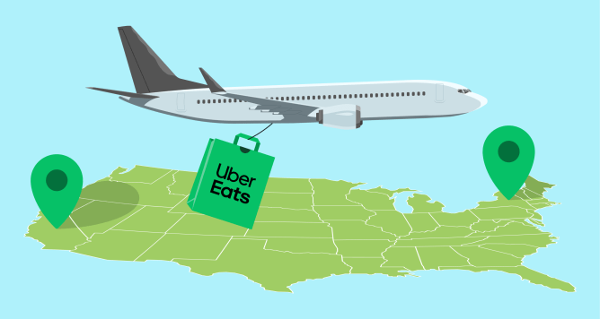 Image of plane with Uber Eats delivery bag flying over USA from west to east coast