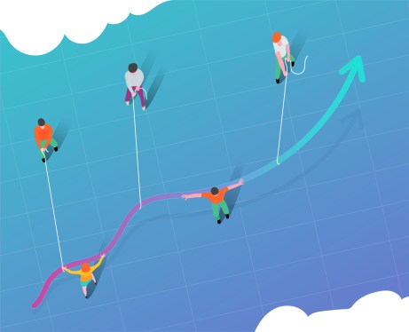 Group of people moving data together.