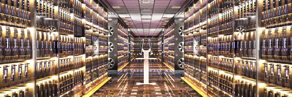 Shiny modern server room with two tablets in the middle between rows of servers.