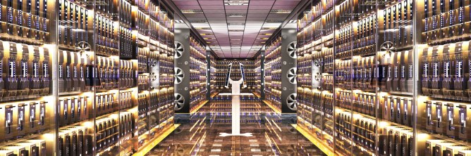 Shiny modern server room with two tablets in the middle between rows of servers.