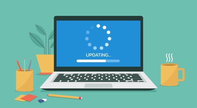 system software updating or loading process concept on laptop computer screen, vector illustration