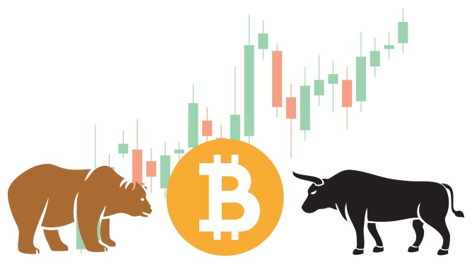 Image of a bull and a bear on either side of a bitcoin with a candlestick graph in the background. .