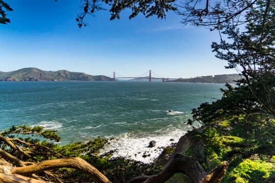 Scenic Sunny day at Lands End view over water toward the Golden Gate Bridge