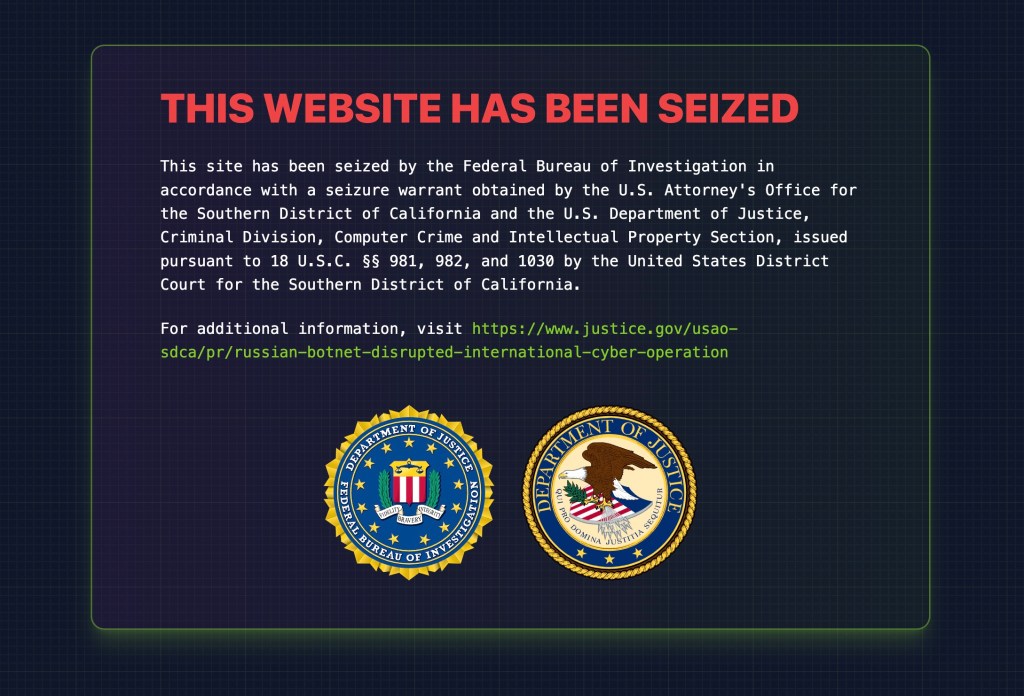 A Justice Department seizure notice on the website of Rsocks, which was taken offline by the FBI.