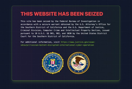 A Justice Department seizure notice on the website of Rsocks, which was taken offline by the FBI.