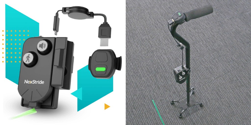 The NexStride device and a picture of it attached to a cane.