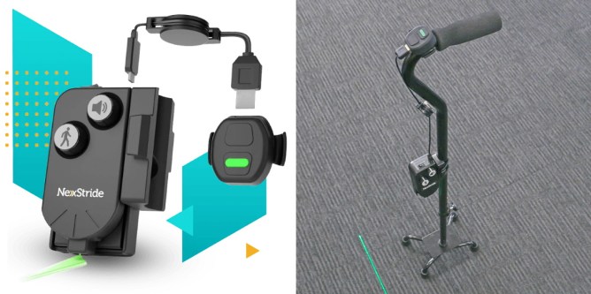 The NexStride device and a picture of it attached to a cane.