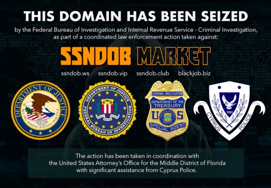 Seizure notice on SSNDOB's website, which was taken over by U.S. federal law enforcement.