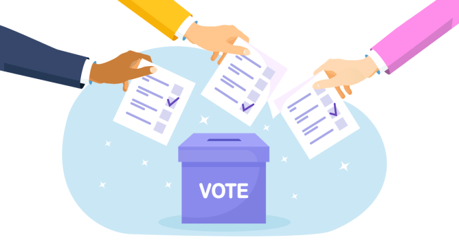 graphic of three arms placing ballots in voting box