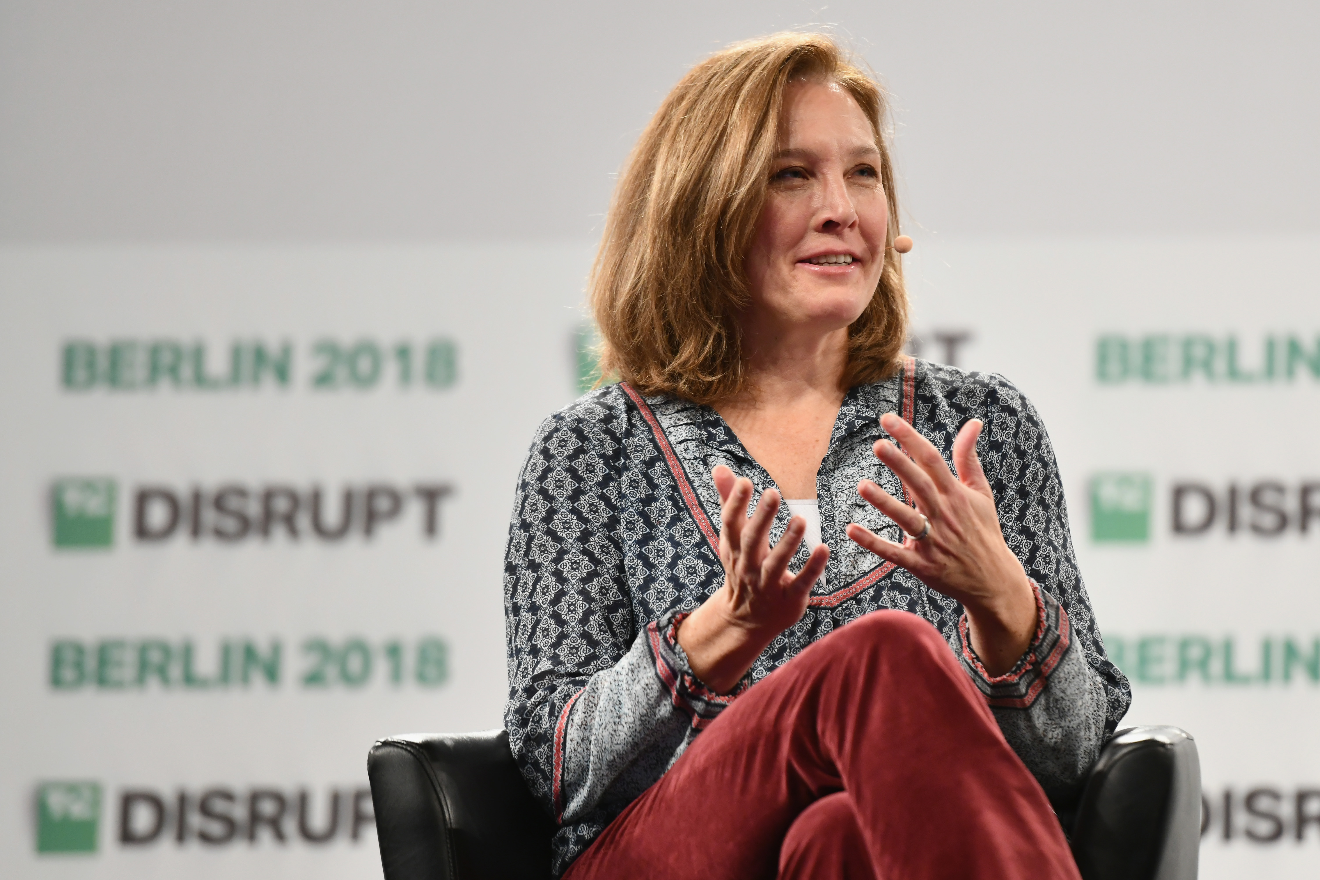 CEO of Babbel US Julie Hansen speaks on stage during TechCrunch Disrupt Berlin 2018 at Treptow Arena on November 30, 2018 in Berlin, Germany.